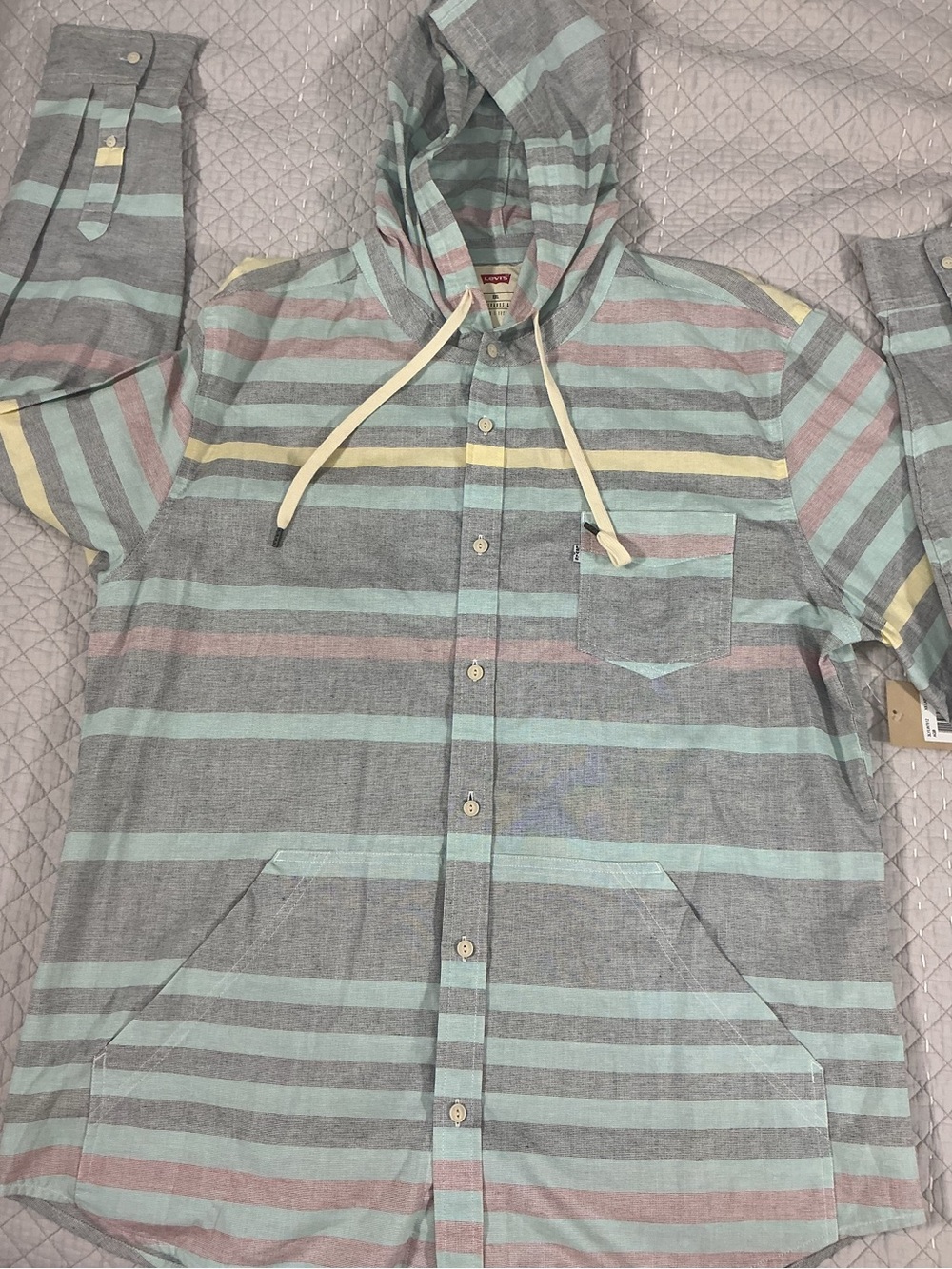 NWT Levi's Men's Striped Hooded Button Down Shacket Kangaroo Pockets Size XXL